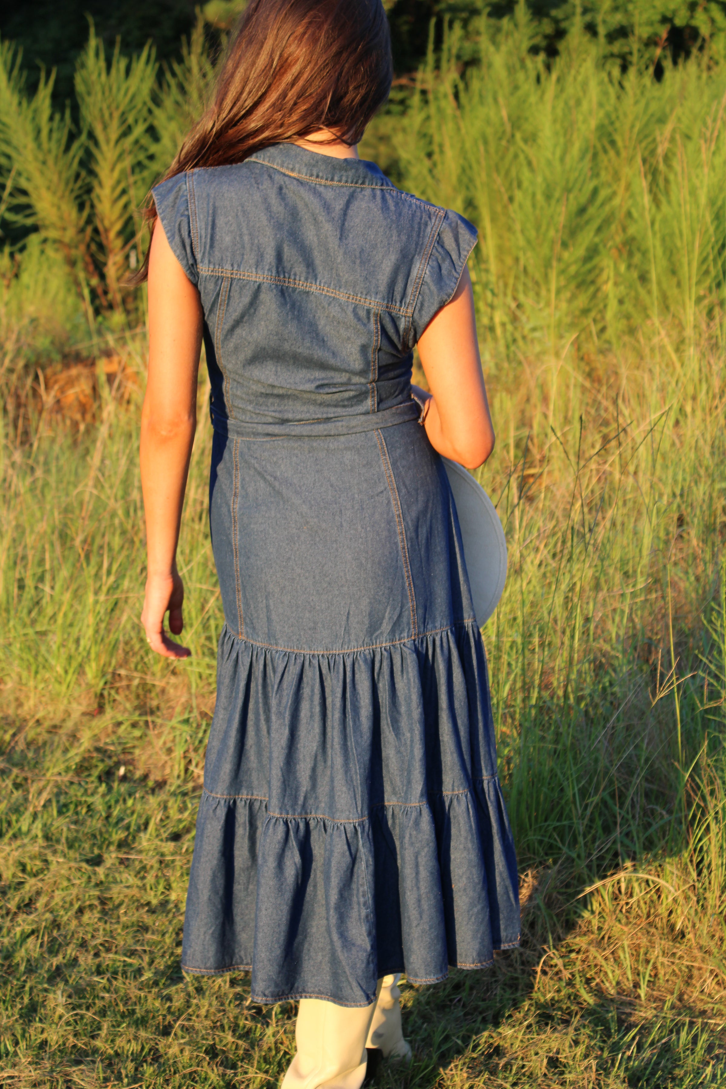 sachin and babi light blue dress DROP WAIST BELTED DENIM DRESS – Runway Boutique MS main image 1